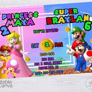May include: A colorful birthday party invitation featuring Princess Peach, Daisy, and Toad on one side, and Mario, Luigi, and Toad on the other. The invitation includes the text "Princess Maya 2" and "Super Braylan 6", along with event details.