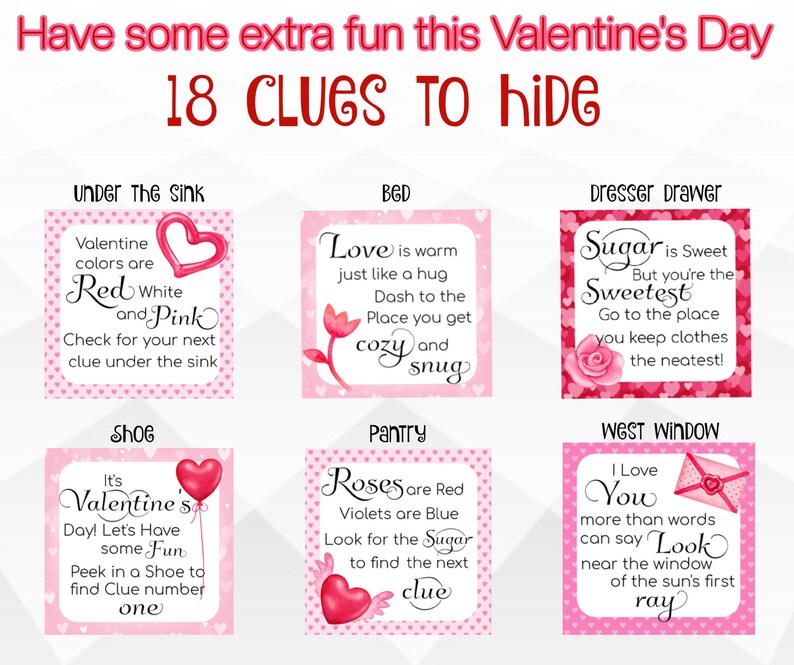May include: A set of 18 Valentine's Day scavenger hunt clues printed on pink and red cards with hearts and flowers. The clues are written in a fun, playful font and include phrases like "Love is warm just like a hug" and "It's Valentine's Day! Let's Have some Fun".