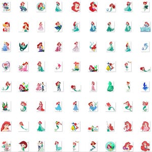 May include: A set of 81 colorful stickers featuring various images of Ariel, the Little Mermaid. The stickers depict Ariel in different poses and settings, including swimming, singing, and interacting with other characters from the movie.