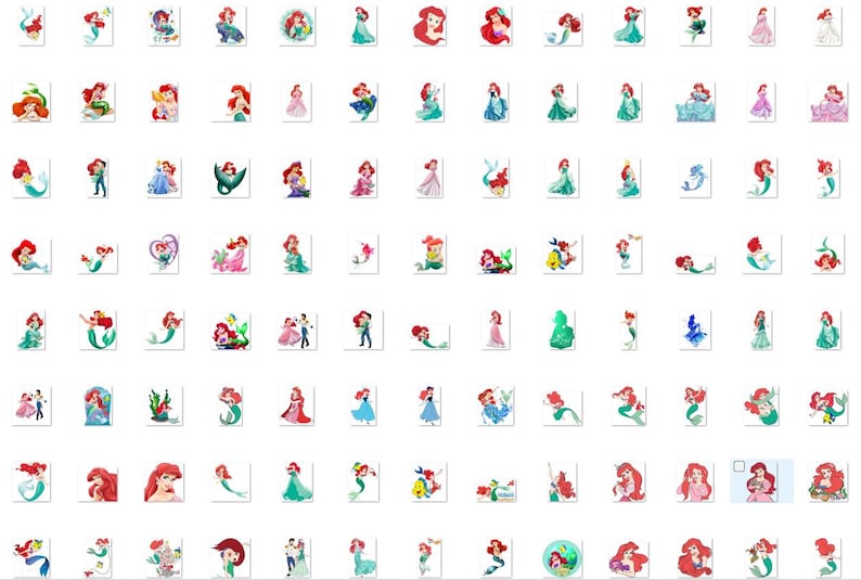 May include: A set of 81 colorful stickers featuring various images of Ariel, the Little Mermaid. The stickers depict Ariel in different poses and settings, including swimming, singing, and interacting with other characters from the movie.