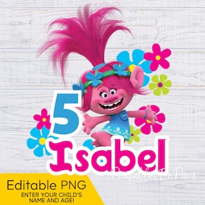 BEWERKBARE Trolls PNG, Poppy verjaardag png, Trolls clipart digitale download shirt, taarttopper, Trolls verjaardag leeftijd, Trolls verjaardagsshirt