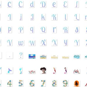 May include: A set of alphabet letters and numbers in a blue and white gradient, with a mermaid theme. The letters are stylized and have a whimsical feel. The set also includes various mermaid-themed images, including a mermaid tail, a mermaid, and the words "The Little Mermaid".