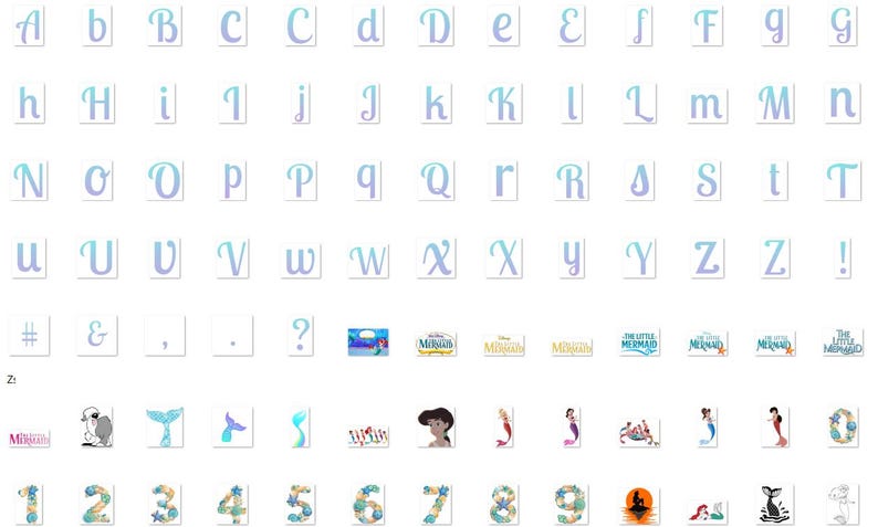 May include: A set of alphabet letters and numbers in a blue and white gradient, with a mermaid theme. The letters are stylized and have a whimsical feel. The set also includes various mermaid-themed images, including a mermaid tail, a mermaid, and the words "The Little Mermaid".