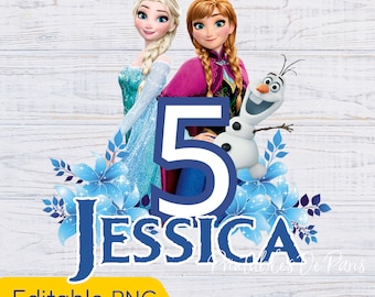 Puede incluir: Un gráfico digital con Elsa, Anna y Olaf de Frozen, con el número 5 y el nombre "Jessica" en azul. El diseño incluye detalles florales azules y el texto "Editable PNG" con instrucciones para ingresar el nombre y la edad de un niño.