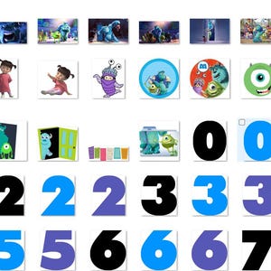 Może przedstawiać: Zestaw do wydrukowania obrazk&oacute;w z postaciami i przedmiotami z filmu Potwory i sp&oacute;łka. Obrazki przedstawiają gł&oacute;wne postacie: Sulley'a, Mike'a, Boo i drzwi do ludzkiego świata. Są też cyfry od 0 do 7 w r&oacute;żnych kolorach i stylach.