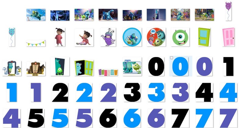 Może przedstawiać: Zestaw do wydrukowania obrazk&oacute;w z postaciami i przedmiotami z filmu Potwory i sp&oacute;łka. Obrazki przedstawiają gł&oacute;wne postacie: Sulley'a, Mike'a, Boo i drzwi do ludzkiego świata. Są też cyfry od 0 do 7 w r&oacute;żnych kolorach i stylach.