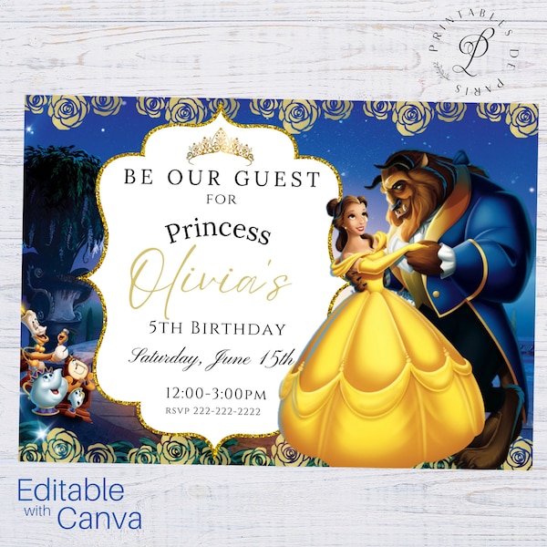 Beauty and the Beast Birthday Invitation, Princess Belle Birthday Invite, Beauty and the Beast Birthday Invite, Princess Birthday party