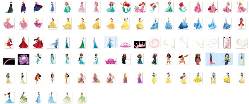 May include: A collection of Disney princess characters, including Cinderella, Snow White, Ariel, Belle, and Mulan. The characters are depicted in their iconic dresses and poses.