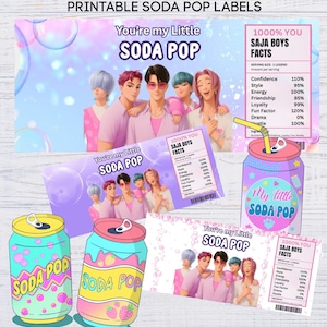 May include: Printable soda pop labels with the text "You're my Little SODA POP". The labels feature illustrations of cartoon characters and soda cans in shades of pink, blue, and yellow. The labels also include "SAJA BOYS FACTS".