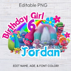 Trolls PNG EDITÁVEL, png de aniversariante, camiseta clipart de trolls, topo de bolo de trolls, idade de aniversário de trolls, camiseta de aniversariante de trolls