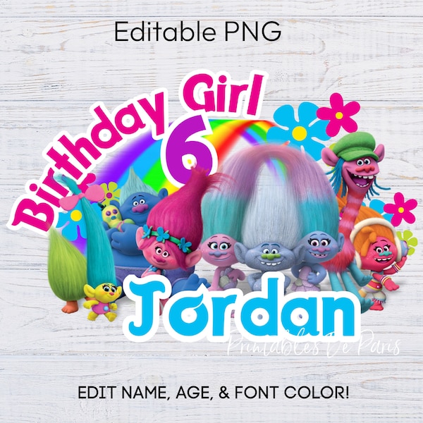 MODÈLE Trolls PNG, anniversaire fille png, chemise Clipart Trolls, de gâteau Trolls, âge d'anniversaire de Trolls, chemise d'anniversaire de Trolls