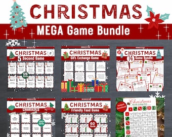 May include: A Christmas game bundle with a red and white theme. The bundle includes 5 games: 5 Second Game, Gift Exchange Game, 14 Game Bundle, Charades, and Friendly Feud Game. The games are all printable and include a variety of Christmas-themed activities.