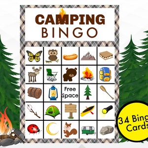 Bingo de acampamento, cartas de bingo para impressão de acampamento de verão, jogo de acampamento, download instantâneo de 34 cartas de bingo exclusivas, jogo de bingo de verão