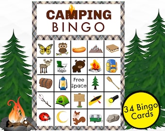 Camping Bingo, Summer Camping Printable Bingo Cards, Camp Game, 34 Unique Bingo Cards Instant Download, Summer Bingo Game