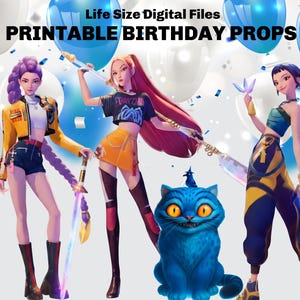 May include: Digital printable birthday props featuring three animated figures with swords and a blue cat. The text at the top reads "Life Size Digital Files PRINTABLE BIRTHDAY PROPS". Balloons in the background.
