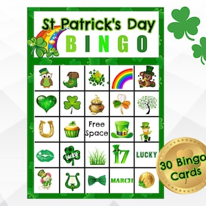 Op de afbeelding: Een groene en gouden St. Patrick's Day bingokaart met 30 bingokaarten. De kaart bevat afbeeldingen van klavers, kabouters, regenbogen en andere St. Patrick's Day-symbolen.