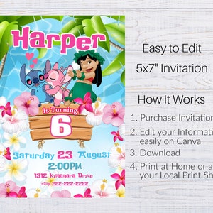 May include: A colorful invitation for a 6th birthday party featuring Stitch and Lilo from Disney's Lilo & Stitch. The invitation is decorated with pink hibiscus flowers and has a blue and white background. The text on the invitation reads "Harper is turning 6" and includes the date, time, and address of the party.
