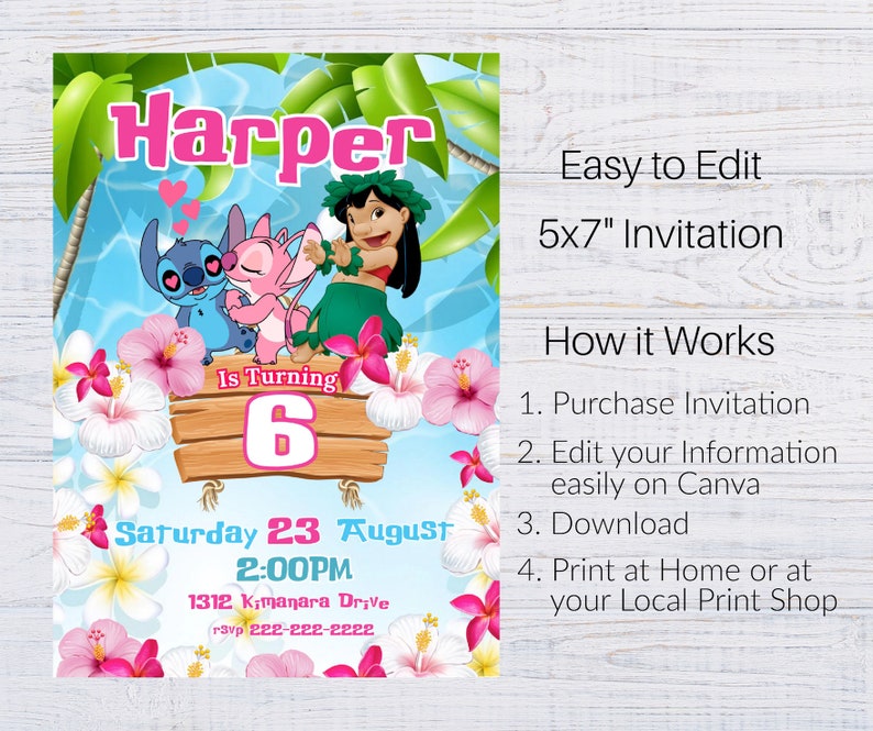 May include: A colorful invitation for a 6th birthday party featuring Stitch and Lilo from Disney's Lilo & Stitch. The invitation is decorated with pink hibiscus flowers and has a blue and white background. The text on the invitation reads "Harper is turning 6" and includes the date, time, and address of the party.