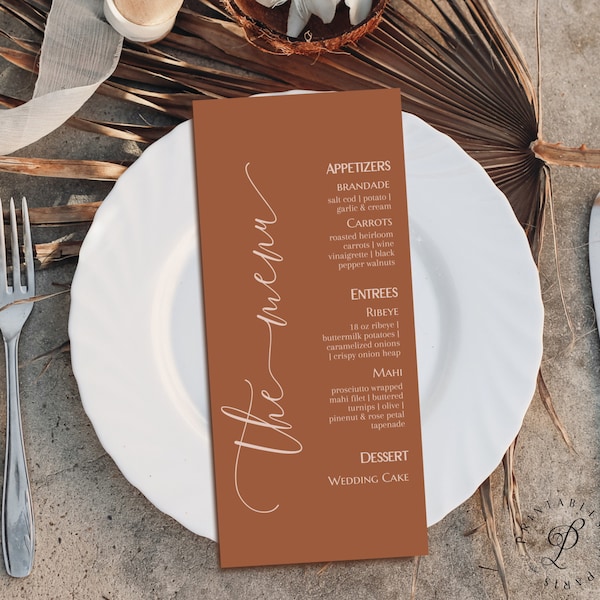 Terracotta Wedding Menu Template, Calligraphy Wedding Dinner Menu, Printable Modern Menu Download, Reception Dinner Menu Wedding, Editable