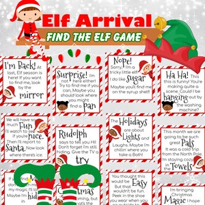 Juego del día de llegada de los elfos, cartas de pistas de los elfos, búsqueda del tesoro de llegada de los elfos, búsqueda del tesoro de los elfos, pista del elfo, divertido juego de Navidad para niños