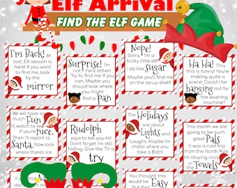 Elf Arrival Day Game, Elf Clue Cards, Elf Arrival Scavenger Hunt, Elf Treasure Hunt, Clued Lead to the Elf, Fun Kids Christmas Game