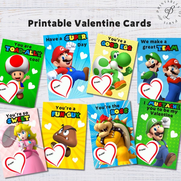 Super Mario Valentine's, Printable Mario Valentine Cards, Princess Peach Valentine, Mario Kids Valentine's, Yoshi Luigi Bowser Valentines