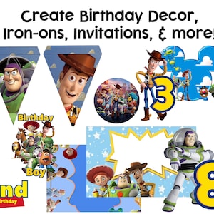 Puede incluir: Una colecci&oacute;n de decoraciones de cumplea&ntilde;os con personajes de la pel&iacute;cula Toy Story. Incluye pancartas, dise&ntilde;os circulares y recortes de n&uacute;meros. El texto dice "Create Birthday Decor, Iron-ons, Invitations, & more!", "2nd Birthday" y "Boy".