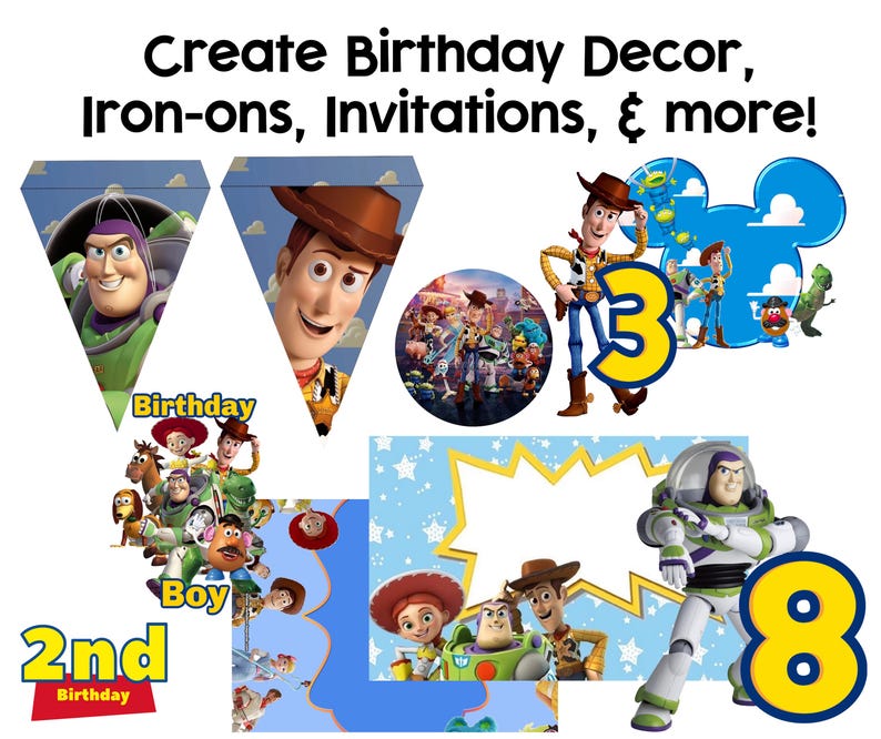 Puede incluir: Una colecci&oacute;n de decoraciones de cumplea&ntilde;os con personajes de la pel&iacute;cula Toy Story. Incluye pancartas, dise&ntilde;os circulares y recortes de n&uacute;meros. El texto dice "Create Birthday Decor, Iron-ons, Invitations, & more!", "2nd Birthday" y "Boy".
