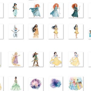 May include: Watercolor illustrations of various Disney princesses in their iconic outfits. The collection includes characters like Jasmine, Elsa, Snow White, and others, each depicted in a unique pose and style. The artwork is presented on individual white squares.