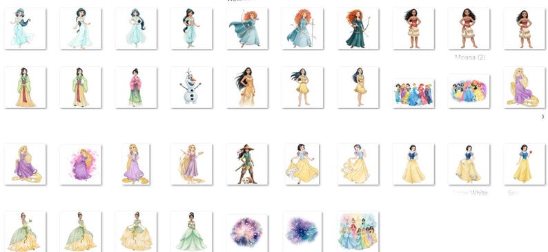 May include: Watercolor illustrations of various Disney princesses in their iconic outfits. The collection includes characters like Jasmine, Elsa, Snow White, and others, each depicted in a unique pose and style. The artwork is presented on individual white squares.