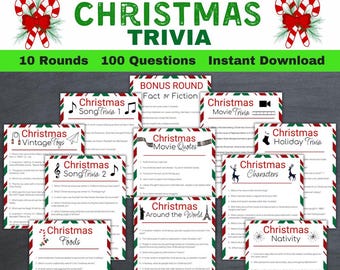 Christmas Trivia Game, Printable Christmas Party Game, Holiday Trivia Game for adults, family