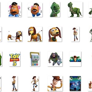 May include: A collection of digital illustrations featuring various Toy Story characters including Mr. and Mrs. Potato Head, Rex the green dinosaur, Slinky Dog, Woody, Buzz Lightyear, and a Toy Story 5 logo, arranged in a grid of individual square images.