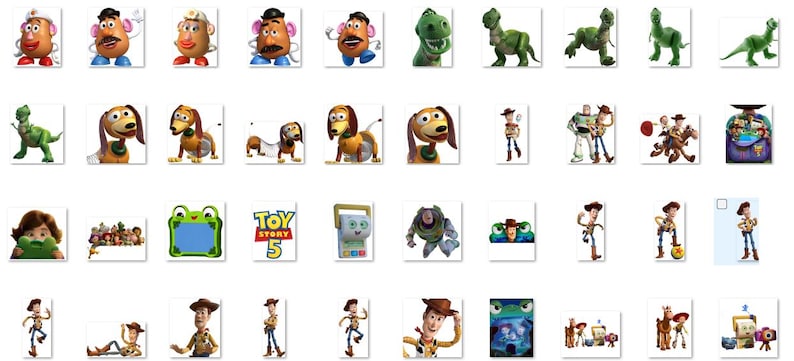 May include: A collection of digital illustrations featuring various Toy Story characters including Mr. and Mrs. Potato Head, Rex the green dinosaur, Slinky Dog, Woody, Buzz Lightyear, and a Toy Story 5 logo, arranged in a grid of individual square images.