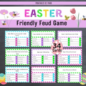 May include: A printable Easter-themed game with 34 cards. Each card has a question and a list of answers with points assigned to each answer. The game is designed to be played with two teams.
