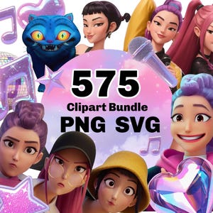 Può includere: Immagine di un pacchetto di clipart digitali con il numero 575 in grassetto bianco. L'immagine presenta illustrazioni di cartoni animati di donne, note musicali, una palla da discoteca e un gatto blu. È incluso anche il testo "Clipart Bundle PNG SVG".