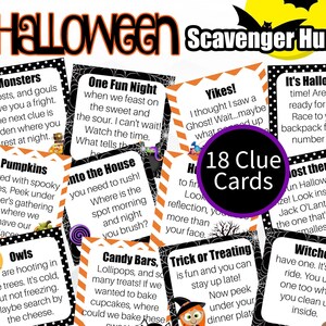Búsqueda del tesoro de Halloween, juego de búsqueda del tesoro de Halloween, tarjetas de pistas de acertijos de Halloween, tarjetas de pistas imprimibles para el juego de búsqueda del tesoro