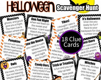 Halloween Treasure Hunt, Halloween Scavenger Hunt Game, Halloween Riddle Clue Cards, Printable Clue Cards for Treasure Hunt Game