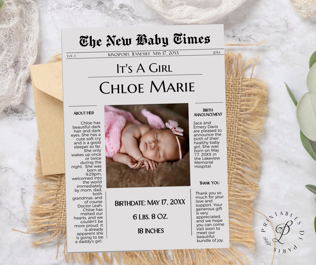Baby Newspaper Announcement, Baby Photo Template, Baby Photo