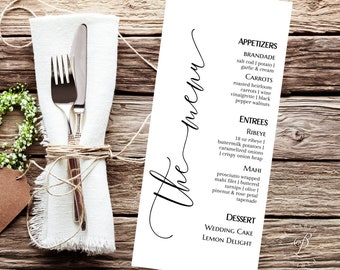 May include: A white menu with black text listing appetizers, entrees, and desserts. The appetizers include Brandade, Carrots, and the entrees include Ribeye and Mahi. The desserts are Wedding Cake and Lemon Delight.
