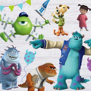 Może przedstawiać: Kolorowa ilustracja przedstawiająca postacie z filmu Potwory i sp&oacute;łka. Postacie to Sulley, Mike Wazowski, Boo i Randall. Ilustracja jest umieszczona na białym tle z imitacją drewna.