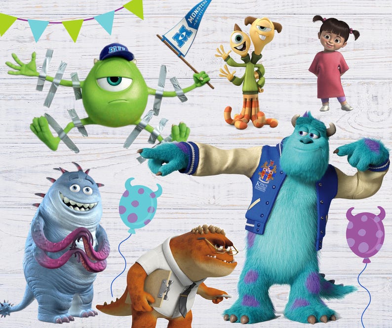 Może przedstawiać: Kolorowa ilustracja przedstawiająca postacie z filmu Potwory i sp&oacute;łka. Postacie to Sulley, Mike Wazowski, Boo i Randall. Ilustracja jest umieszczona na białym tle z imitacją drewna.