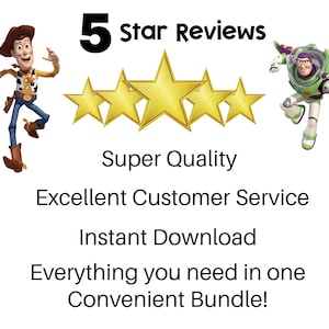 Puede incluir: Imagen con los personajes Woody y Buzz Lightyear, cinco estrellas doradas y el texto "5 Star Reviews". El texto adicional incluye "Super Quality", "Excellent Customer Service", "Instant Download" y "Everything you need in one Convenient Bundle!"