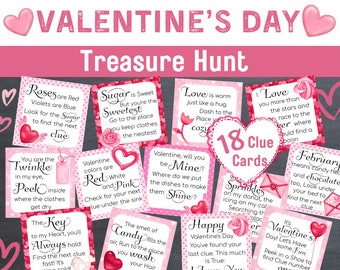 Valentine's Day Scavenger Hunt, Valentine's Treasure Hunt Game, Valentine's Day Treasure Hunt Printable Clue Cards for Kids