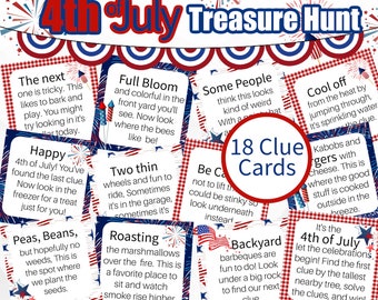 4th of July Backyard Treasure Hunt, 4th of July Scavenger Hunt Game, Summer Riddle Clue Cards, Printable Clue Cards for Backyard Game