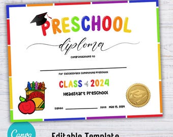 Preschool Graduation Diploma, Editable Preschool Graduation Certificate, Printable Kids Diploma