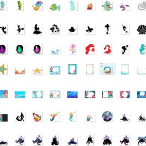 May include: A collection of digital clipart images featuring characters and objects from the Disney movie The Little Mermaid. The images include Ariel, Ursula, Flounder, Sebastian, and other characters. There are also images of seashells, starfish, seaweed, and other ocean-themed objects.