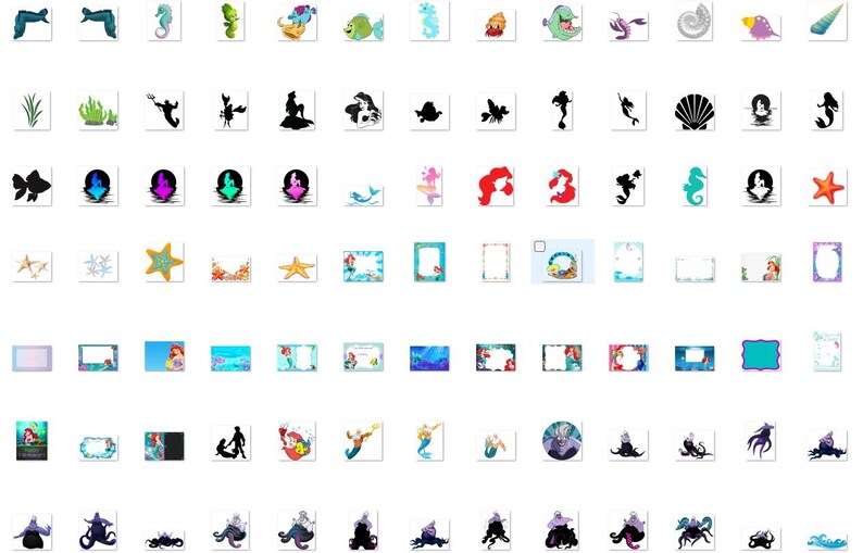 May include: A collection of digital clipart images featuring characters and objects from the Disney movie The Little Mermaid. The images include Ariel, Ursula, Flounder, Sebastian, and other characters. There are also images of seashells, starfish, seaweed, and other ocean-themed objects.