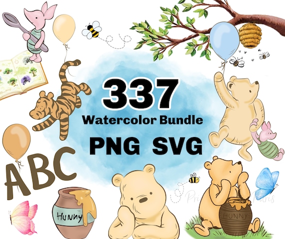 Classic Winnie the Pooh PNG Clipart, Watercolor Pooh Sublimation, Winnie Pooh SVG, Watercolor Beehive, Pooh Font