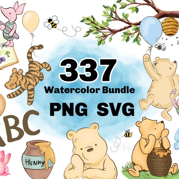 Classic Winnie the Pooh PNG Clipart, Watercolor Pooh Sublimation, Winnie Pooh SVG, Watercolor Beehive, Pooh Font