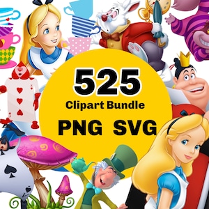 以下が含まれることがあります： 不思議の国のアリスのキャラクターが登場するデジタルクリップアートバンドル。画像には、アリス、白ウサギ、マッドハッター、チェシャ猫、ハートの女王、トランプが含まれています。画像には「525 Clipart Bundle PNG SVG」と書かれています。